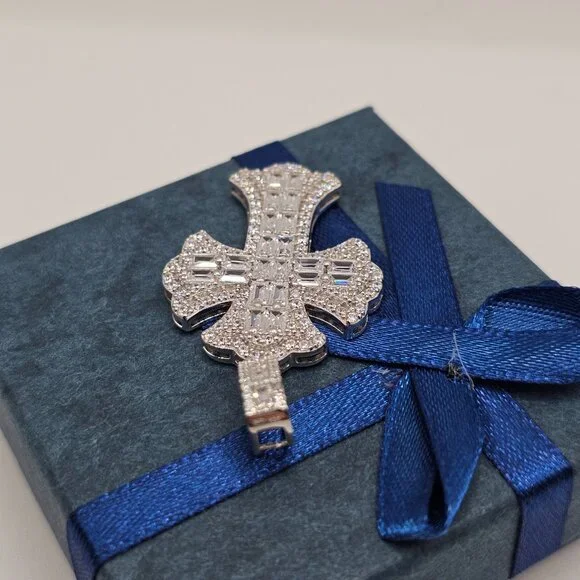Silver 925 Rhodium Plated Fleur De Lis Cross Baguette Cut Clear CZ Pendant - Picture 5 of 9